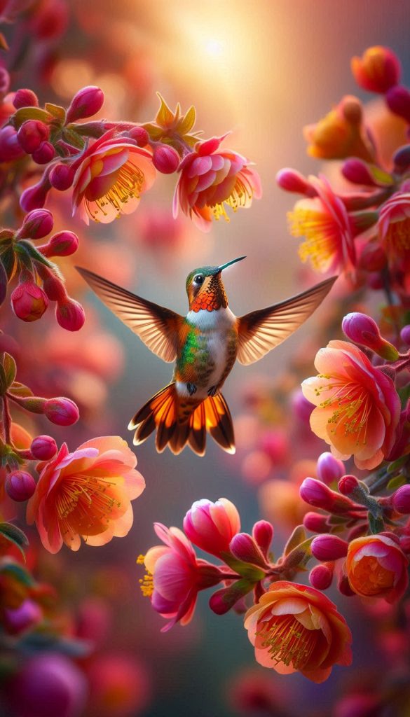 Rufous-tailed hummingbird surrounded by colorful flowers, photos for phones