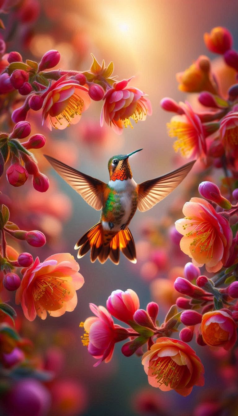Rufous-tailed hummingbird surrounded by colorful flowers, photos for phones