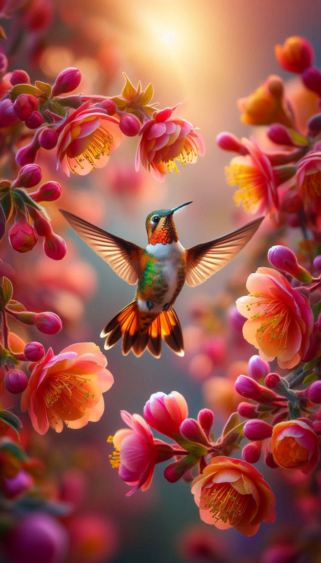 Rufous-tailed hummingbird surrounded by colorful flowers, photos for phones