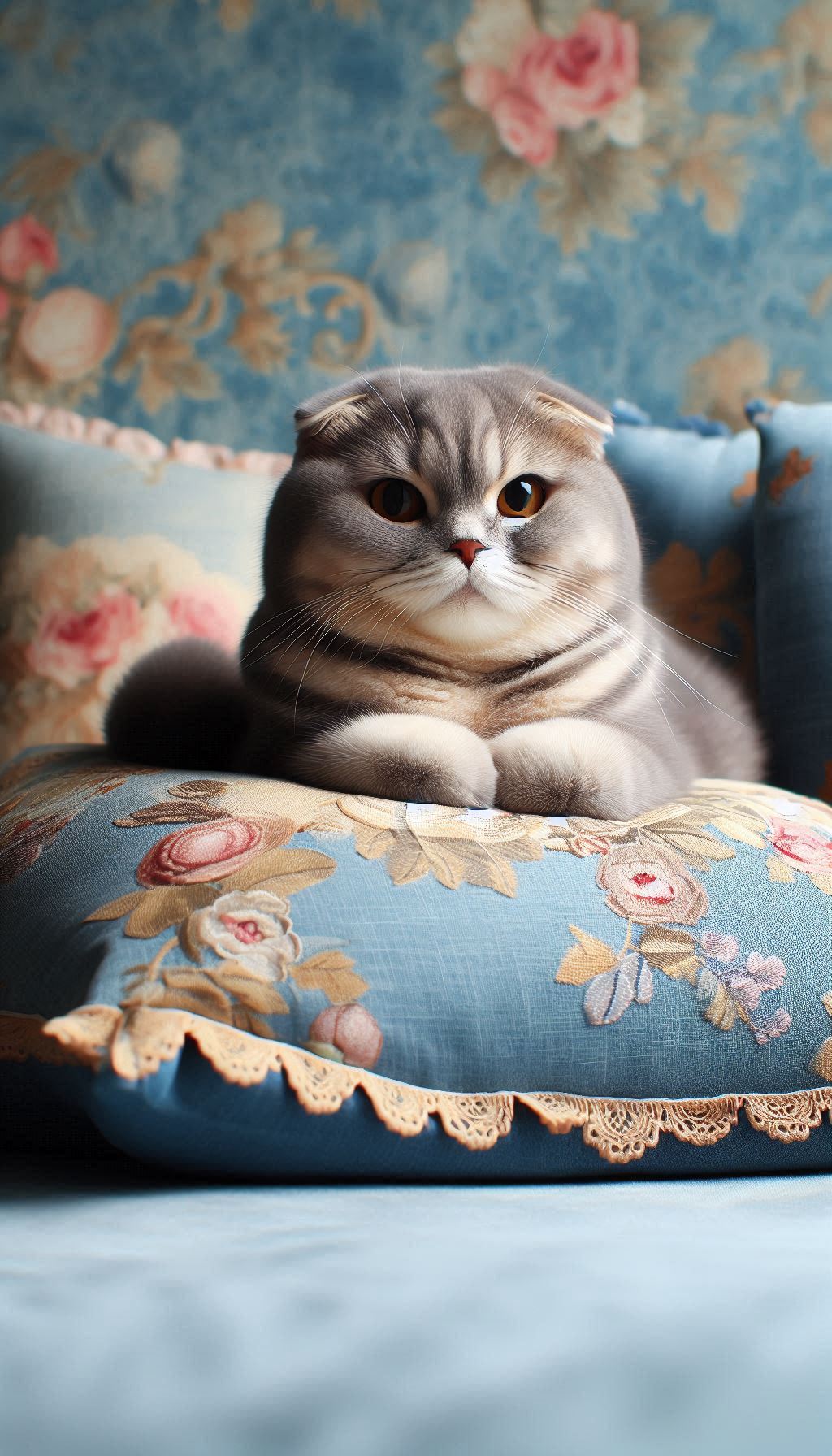 Scottish Fold Cat Relaxing on a Cushion with Blue Wallpaper Background