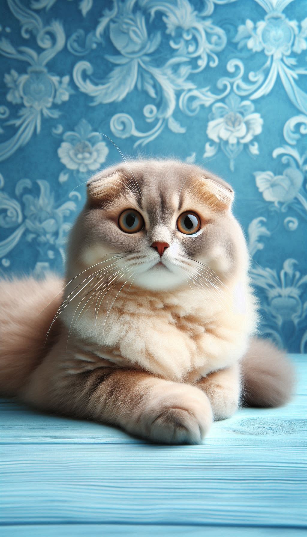Scottish Fold cat posing in front of bright blue wallpaper for Android devices
