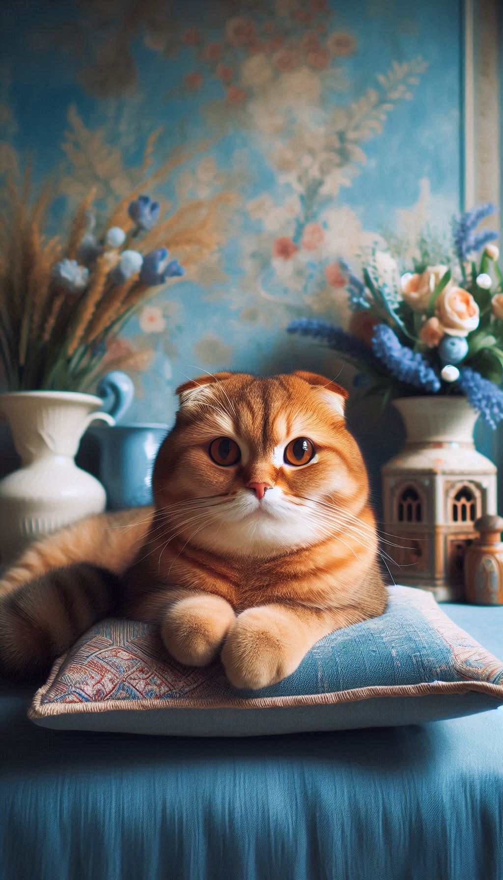 Scottish Fold cat sleeping on a cushion with blue background HD mobile wallpaper download