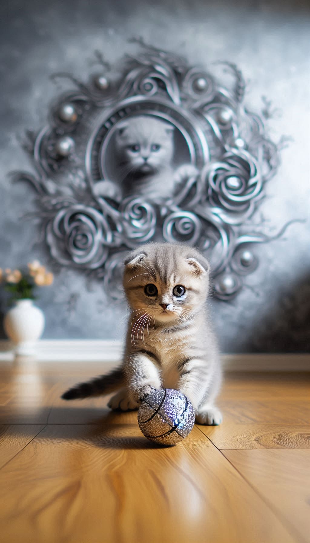 Scottish fold kitten playing with a ball in a room with silver wall digital background