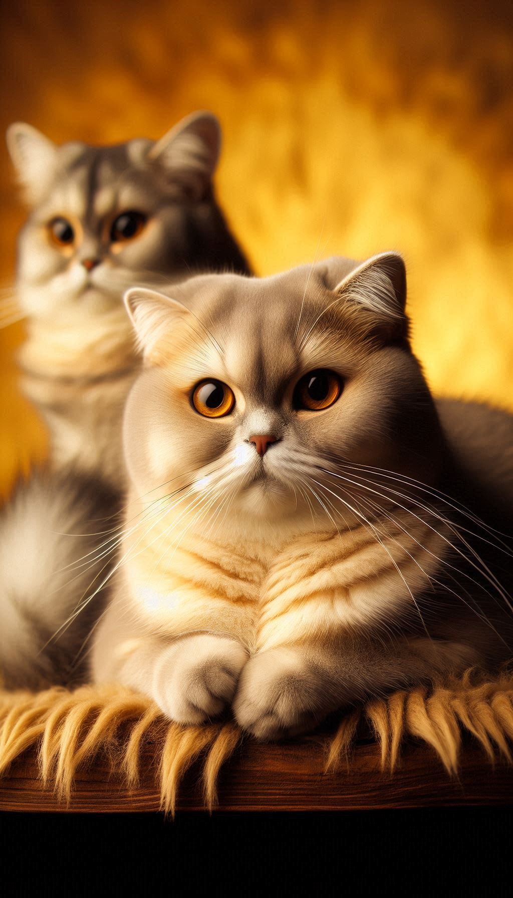 Security Scottish Fold posing in front of a Chinchilla inspired Golden Digital Background