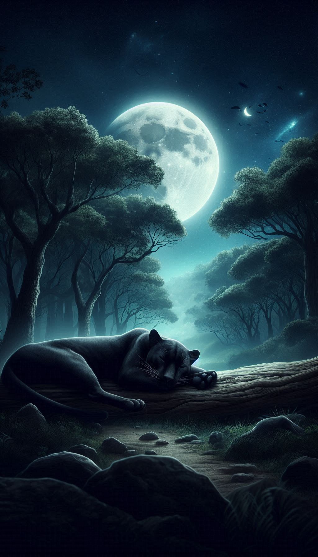 Serene Black Panther Sleeping in a Moonlit Forest Tranquil Wallpaper Design