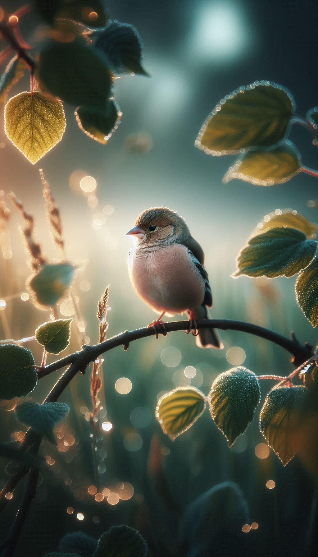 Serene Finch on a Branch with Dewy Leaves at Dawn