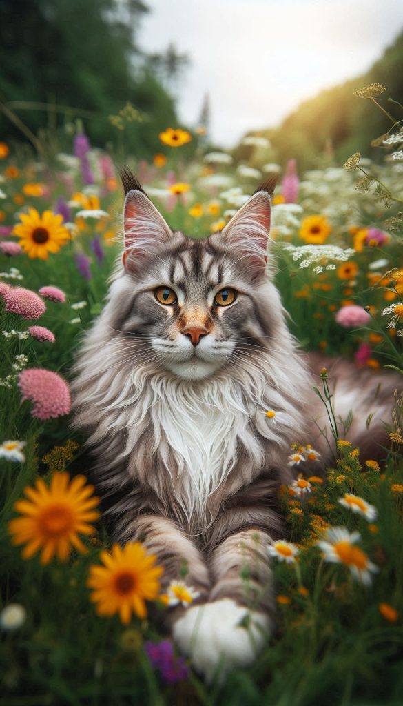 Serene Maine Coon Cat Posing in a Field of Wildflowers