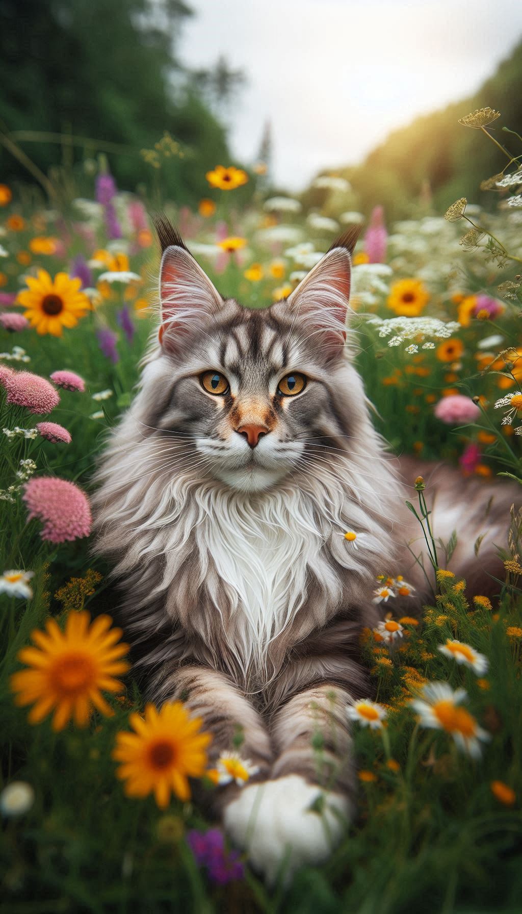 Serene Maine Coon Cat Posing in a Field of Wildflowers