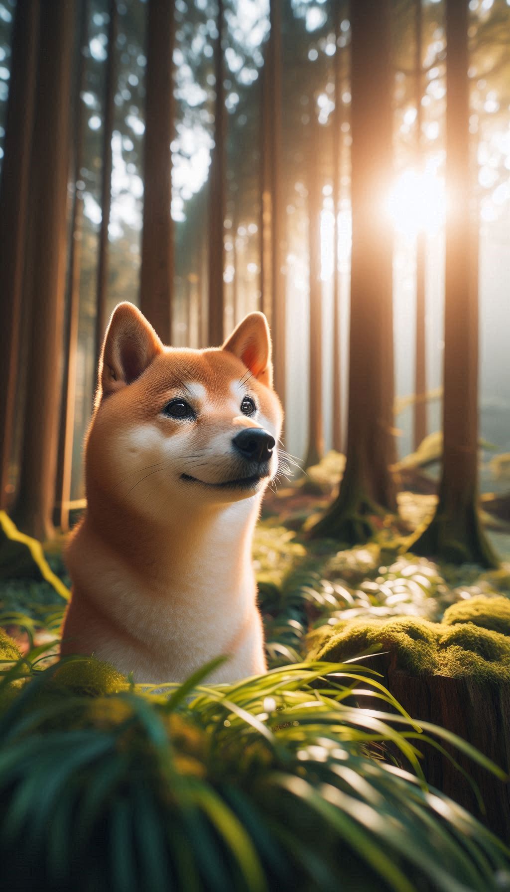 Serene Shiba Inu Surrounded by Tall Trees and Sunlight