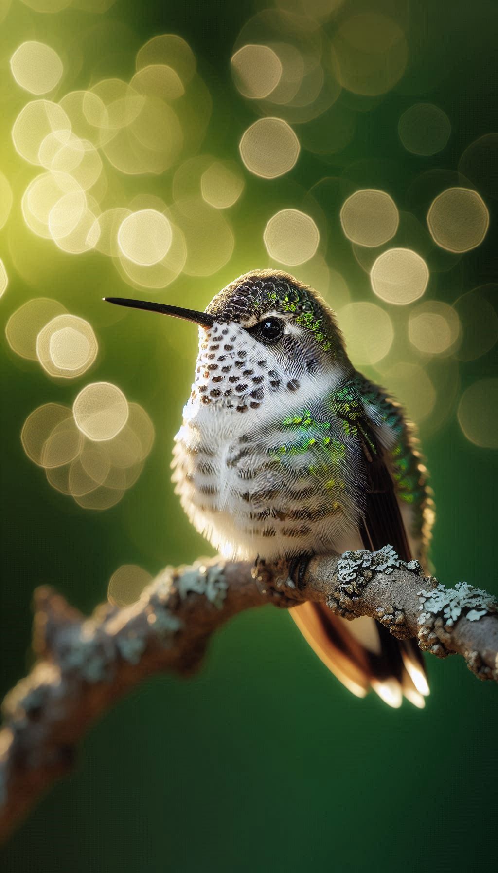 Serene Speckled Hummingbird Perched on a Branch with Dappled Light