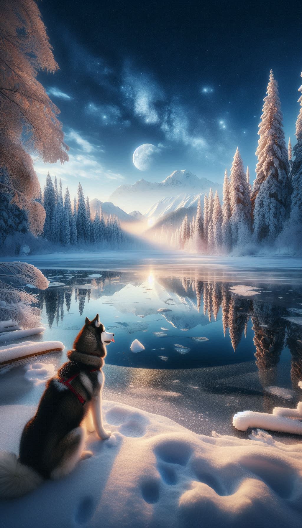 Serene Winter Landscape Featuring a Husky on a Frozen Lake