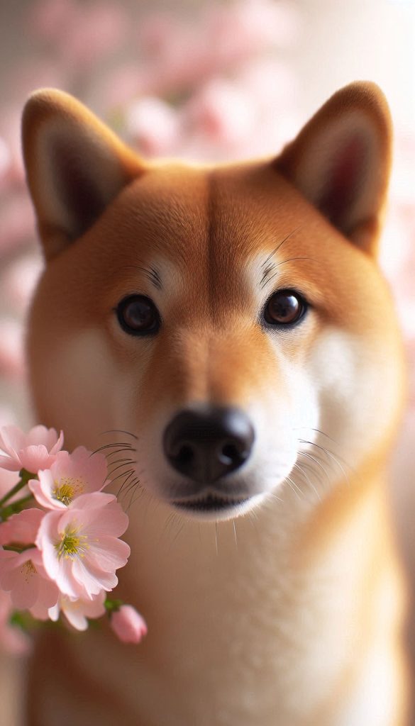 Shiba Inu Close-Up with Delicate Petals in the Background