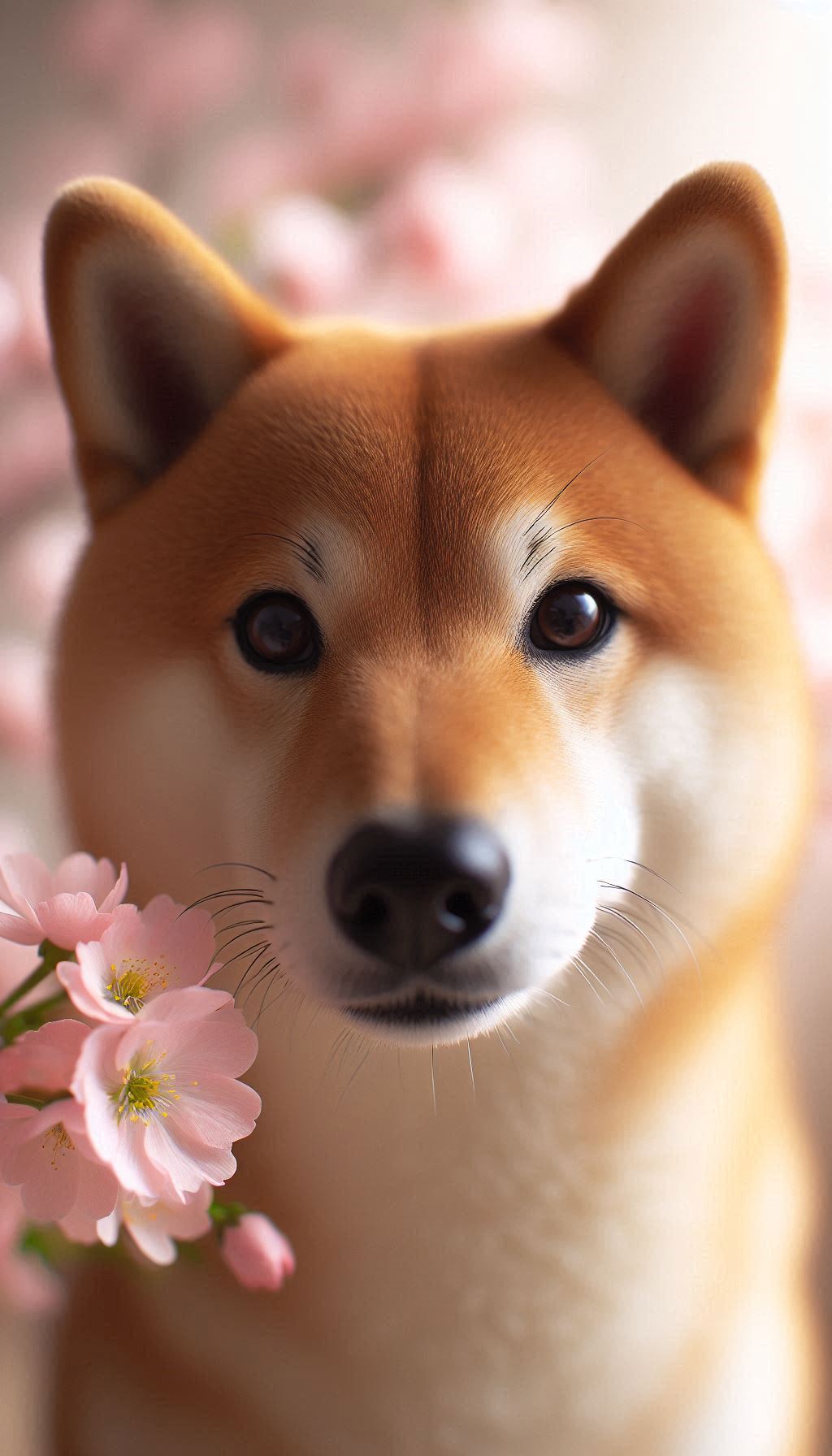 Shiba Inu Close-Up with Delicate Petals in the Background