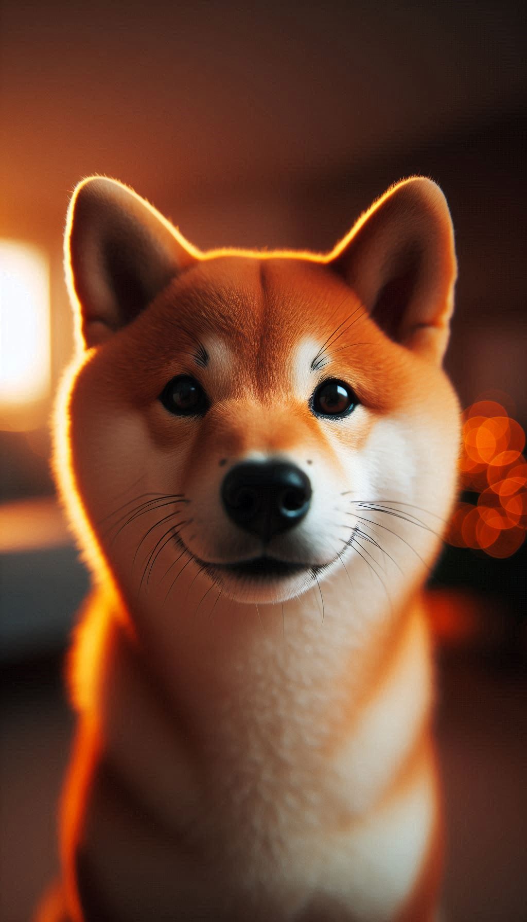 Shiba Inu Close-Up with Soft Warm Lights in the Background