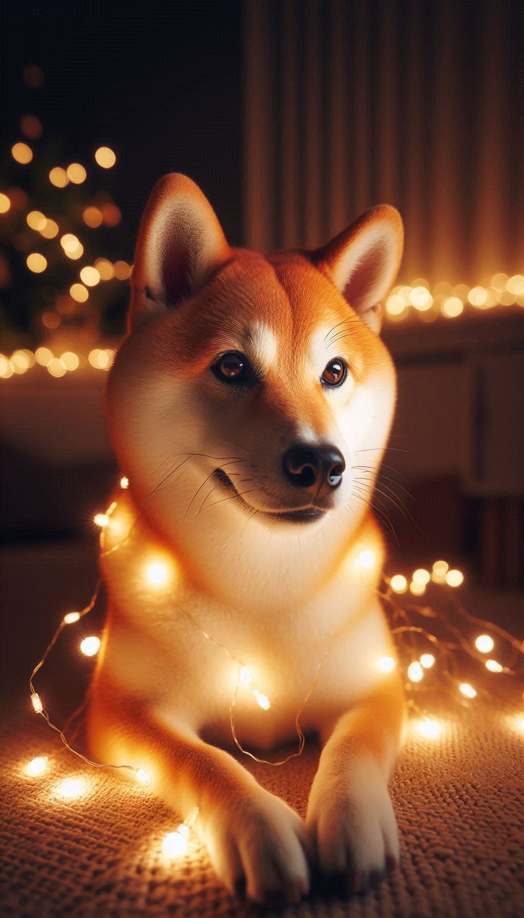 Shiba Inu Illuminated by Twinkling Fairy Lights