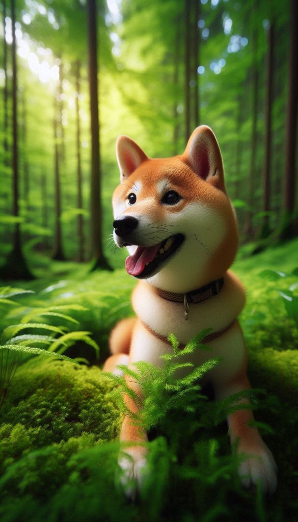 Shiba Inu Playfully Exploring a Lush Green Forest