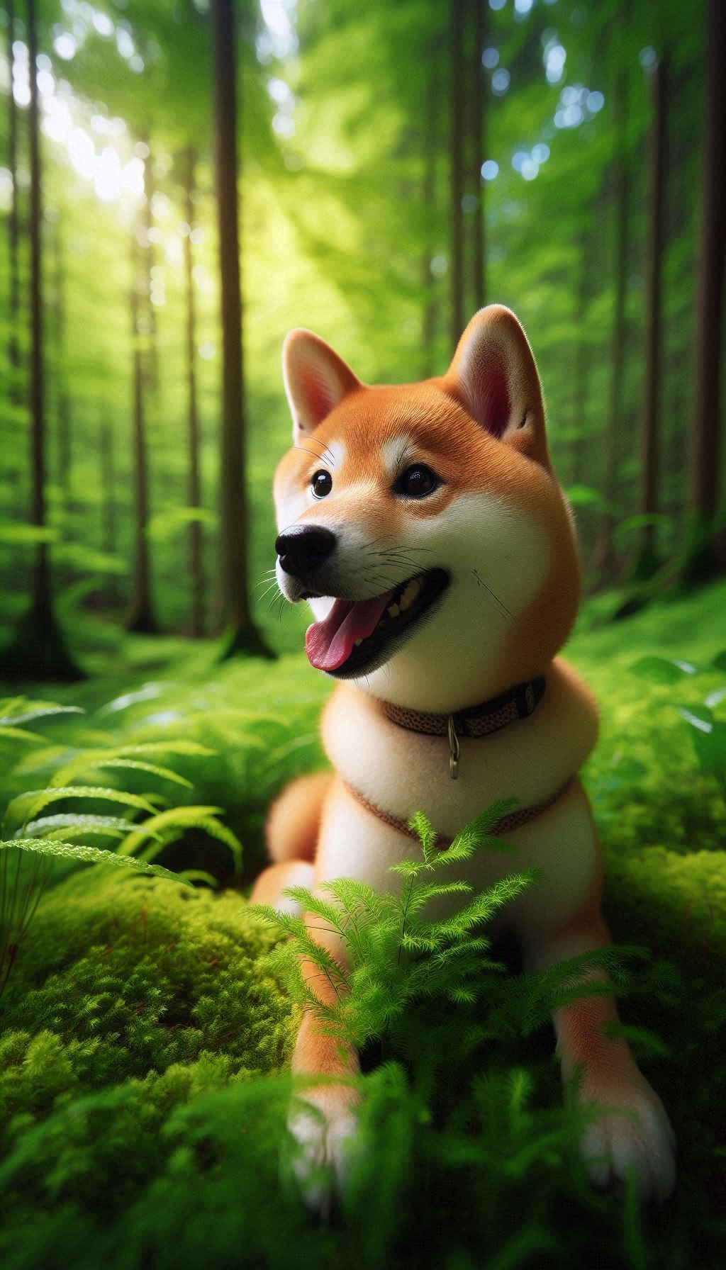 Shiba Inu Playfully Exploring a Lush Green Forest