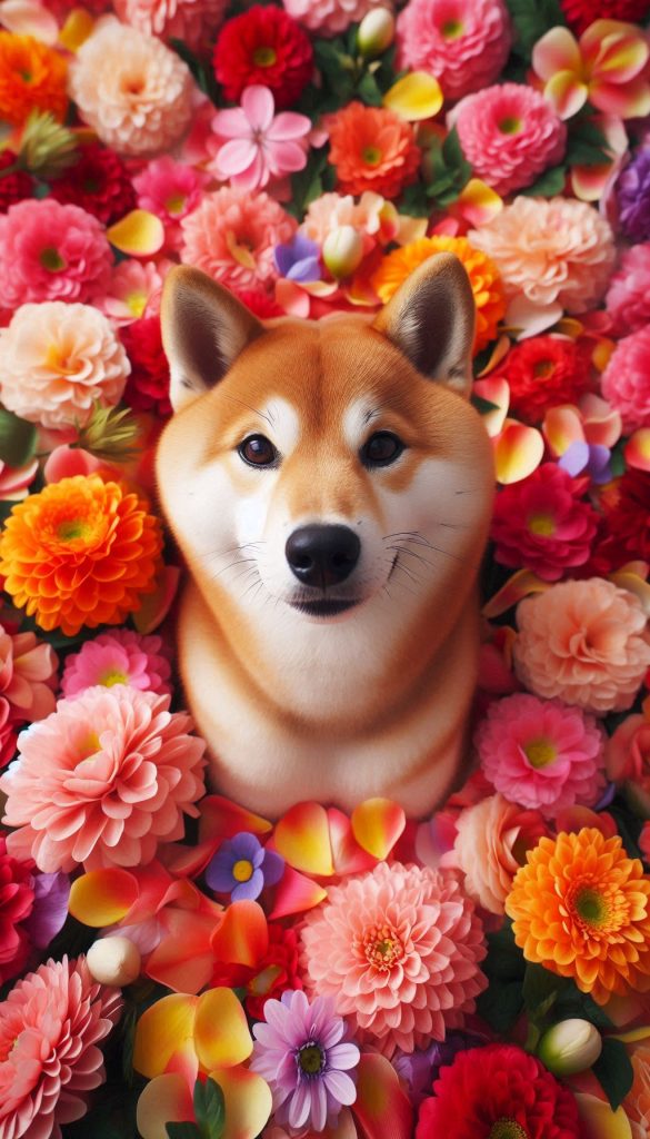 Shiba Inu Surrounded by Colorful Flower Petals
