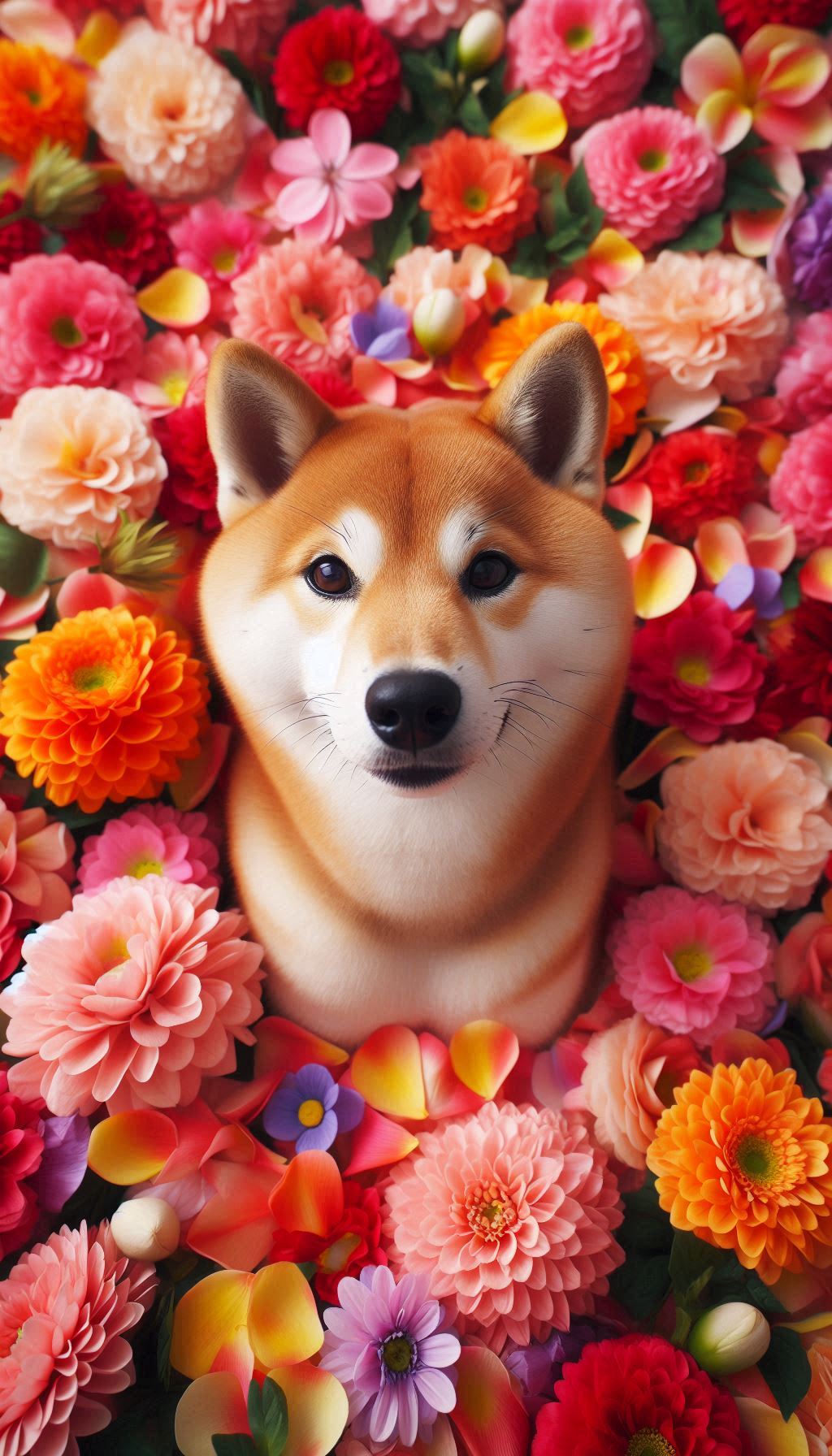 Shiba Inu Surrounded by Colorful Flower Petals