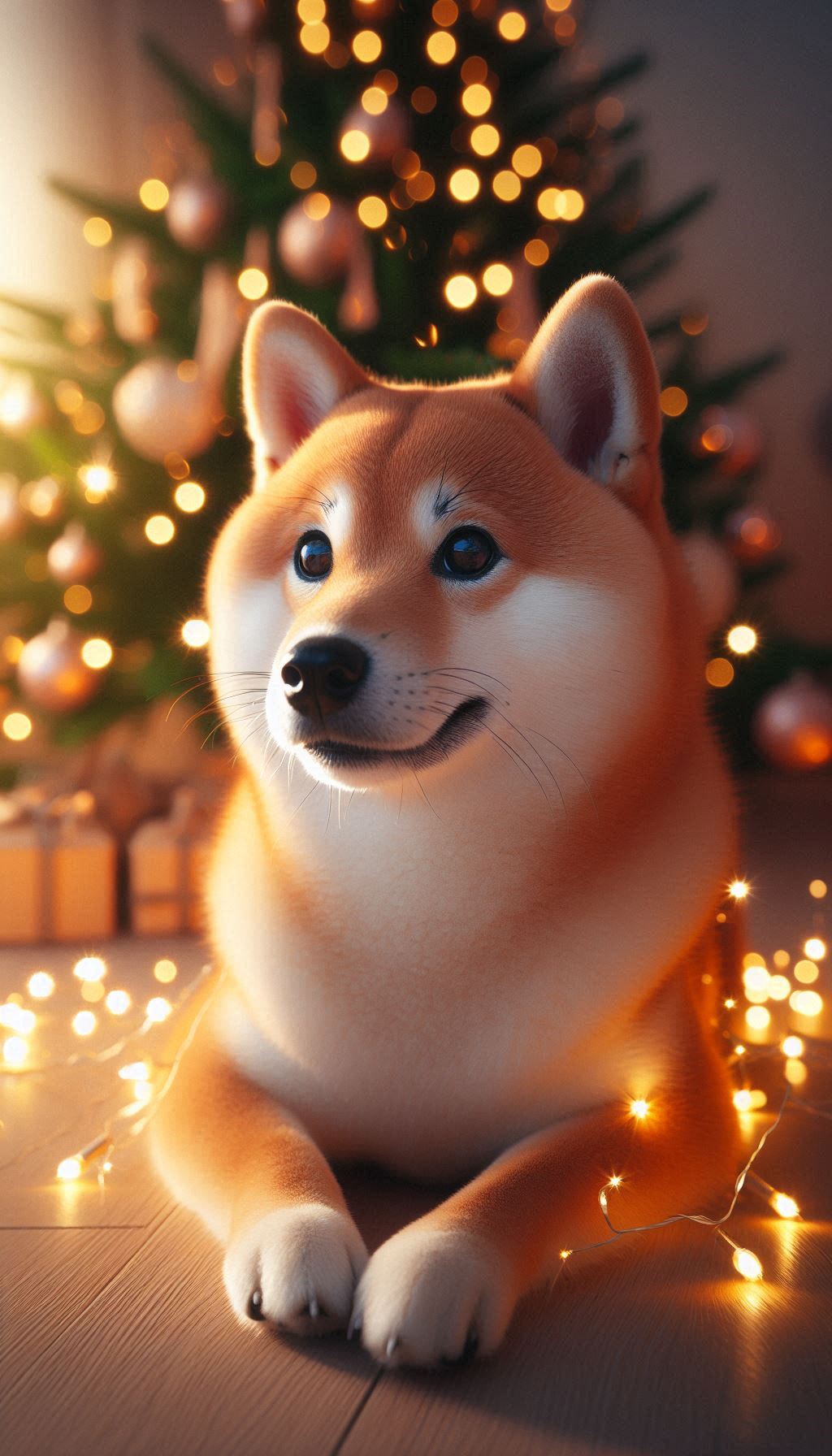 Shiba Inu lit up among twinkling fairy lights hd mobile wallpaper