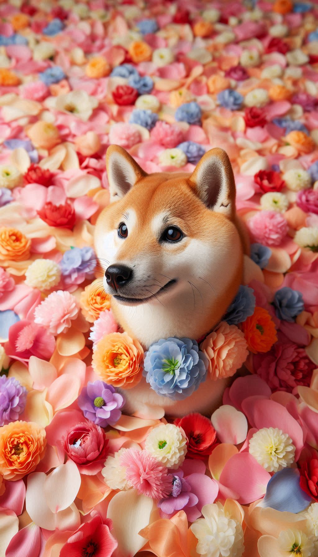 Shiba Inu sitting among colorful flower petals free mobile wallpaper