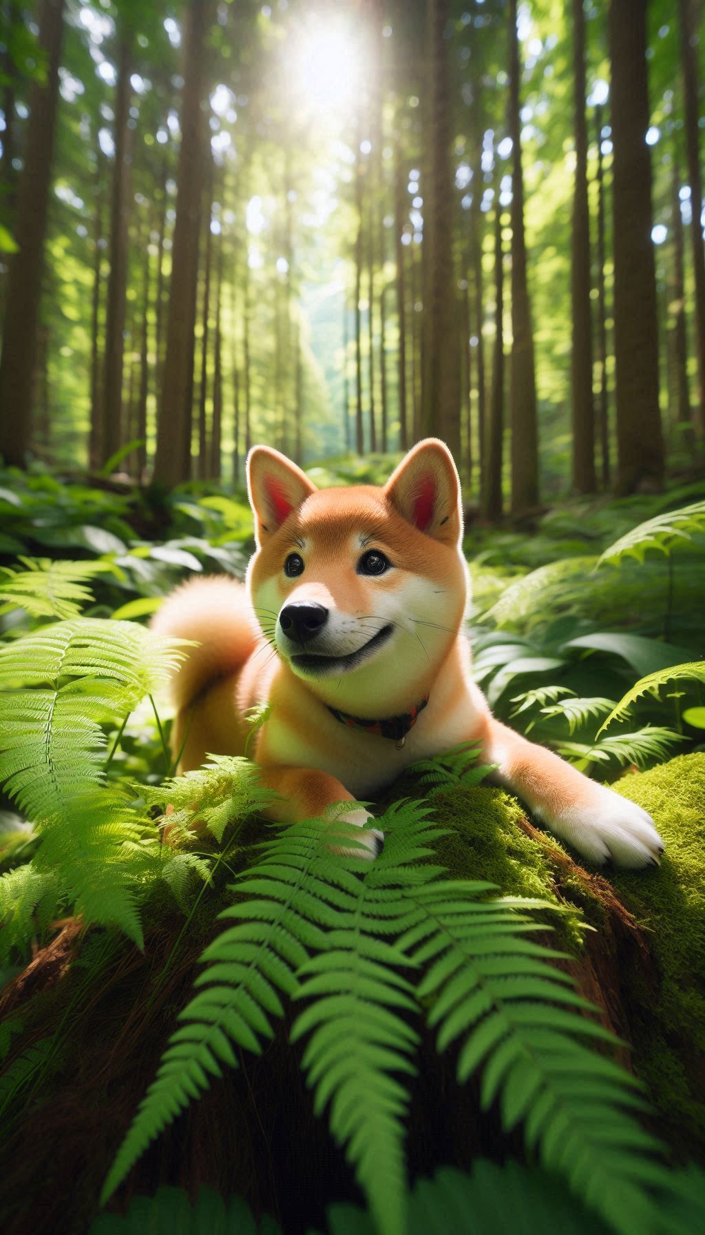 Shiba Inu sitting playfully in a lush forest mobile wallpaper