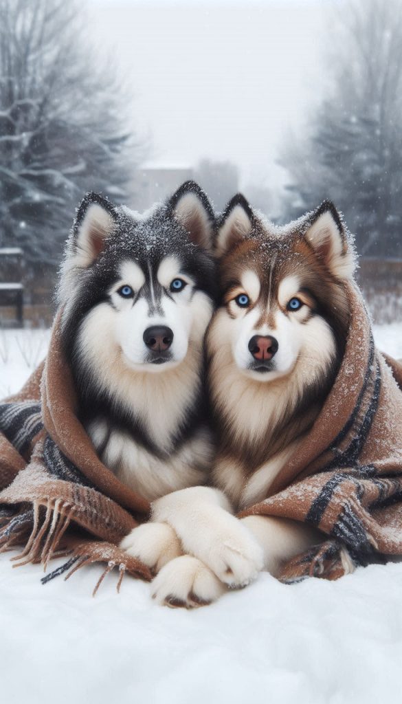 Siberian Husky Couple Cuddling Together on a Snowy Winter Day