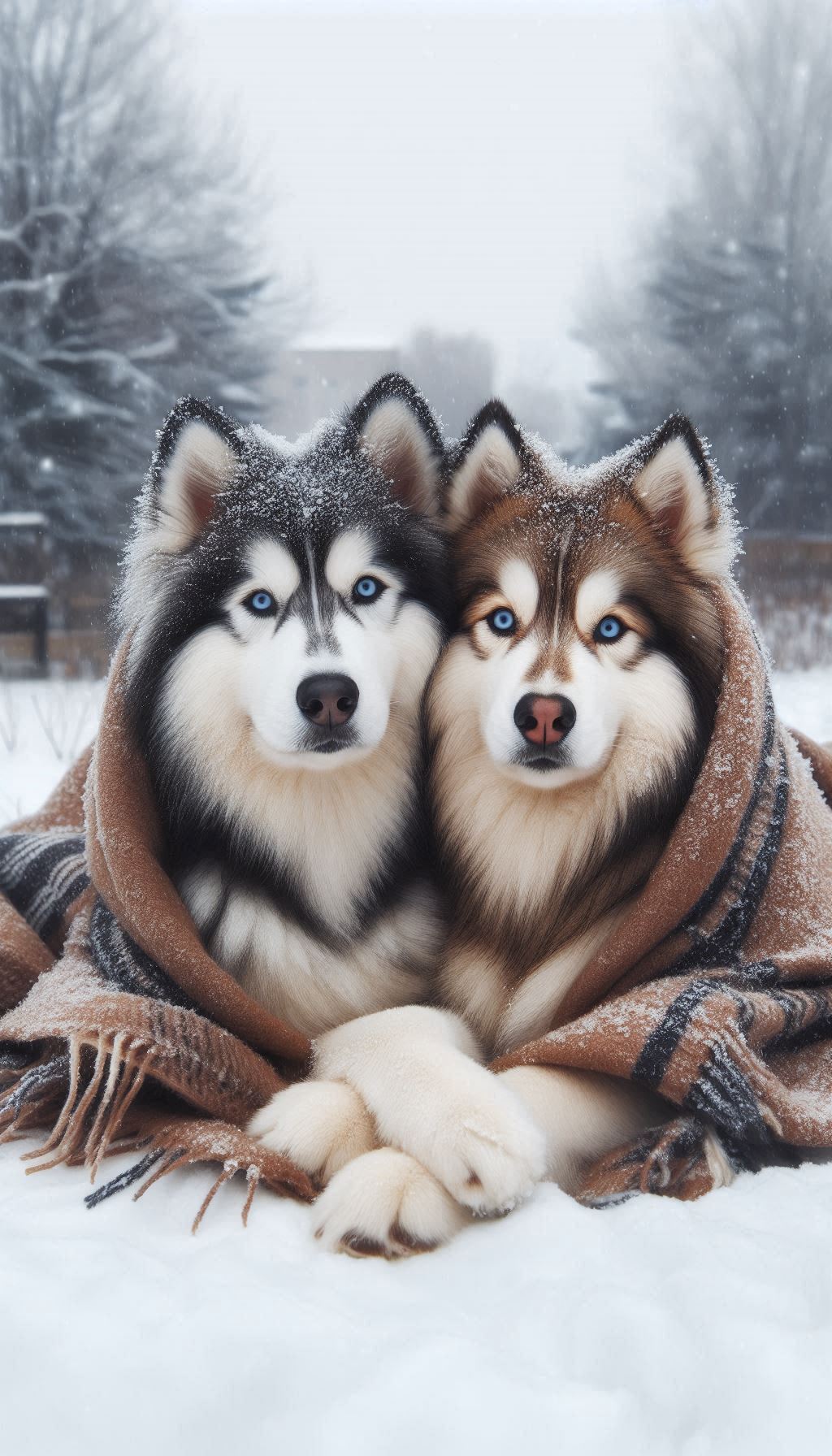 Siberian Husky Couple Cuddling Together on a Snowy Winter Day