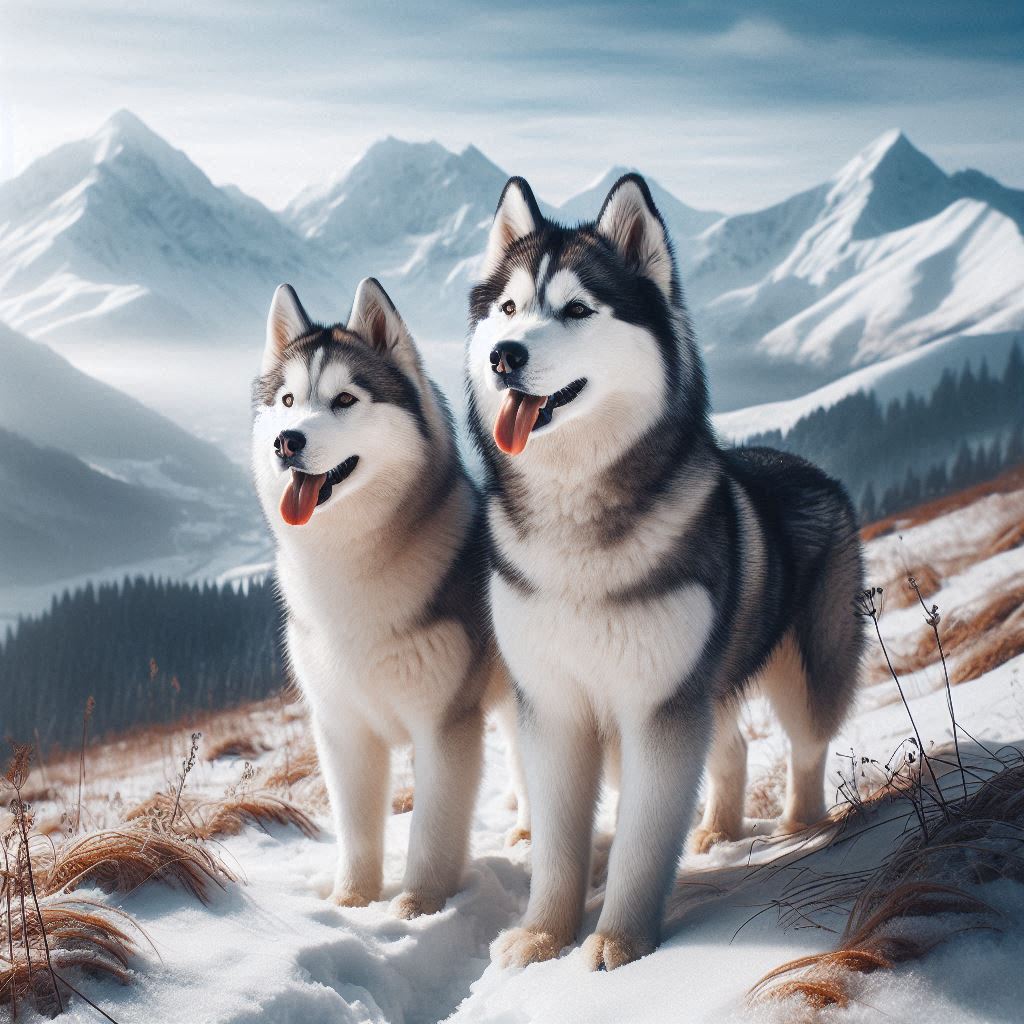 Siberian Husky Couple Hiking Together in a Snowy Mountain Landscape