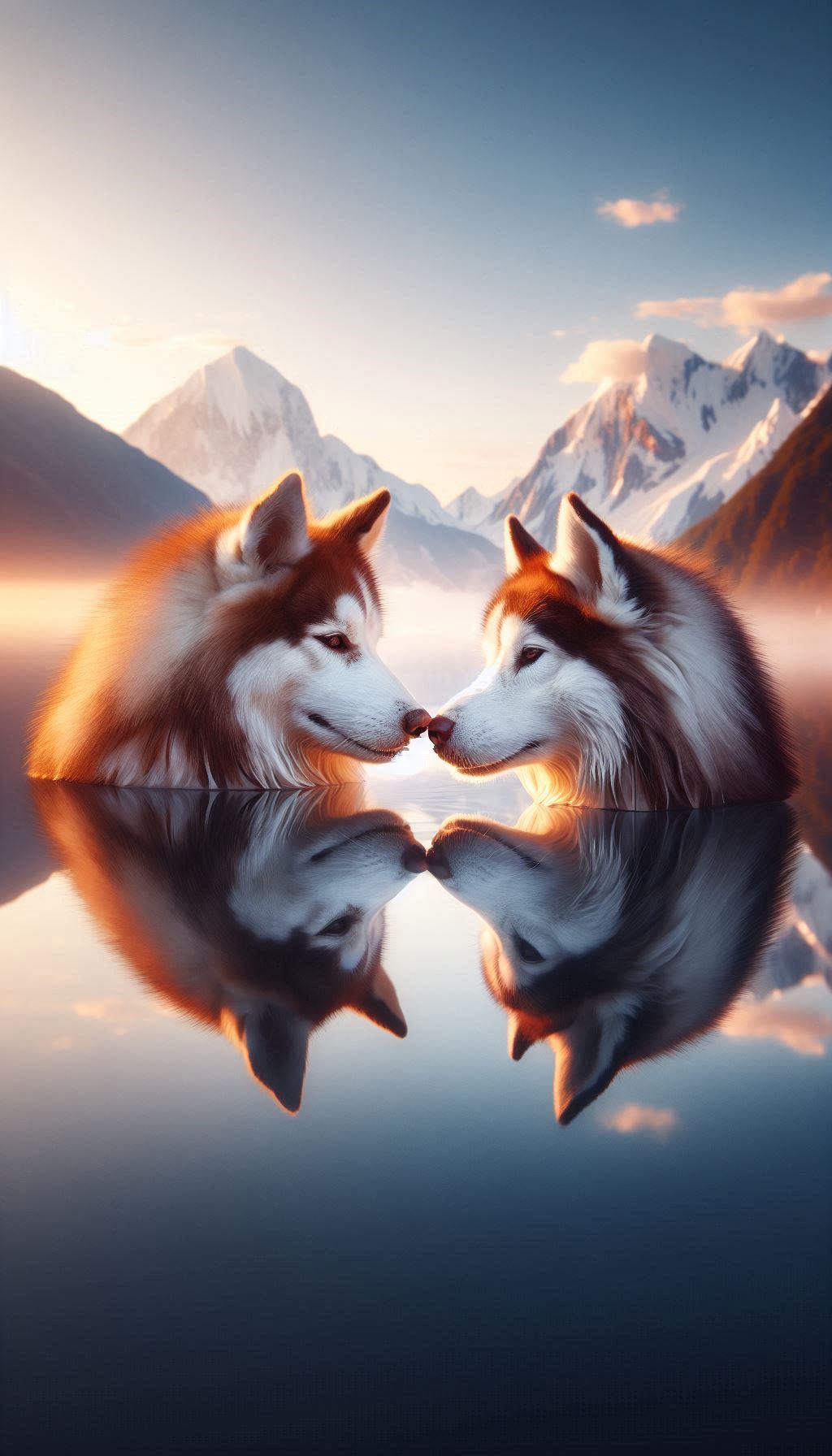 Siberian Husky Couple Sharing a Moment with Their Reflections in the Water