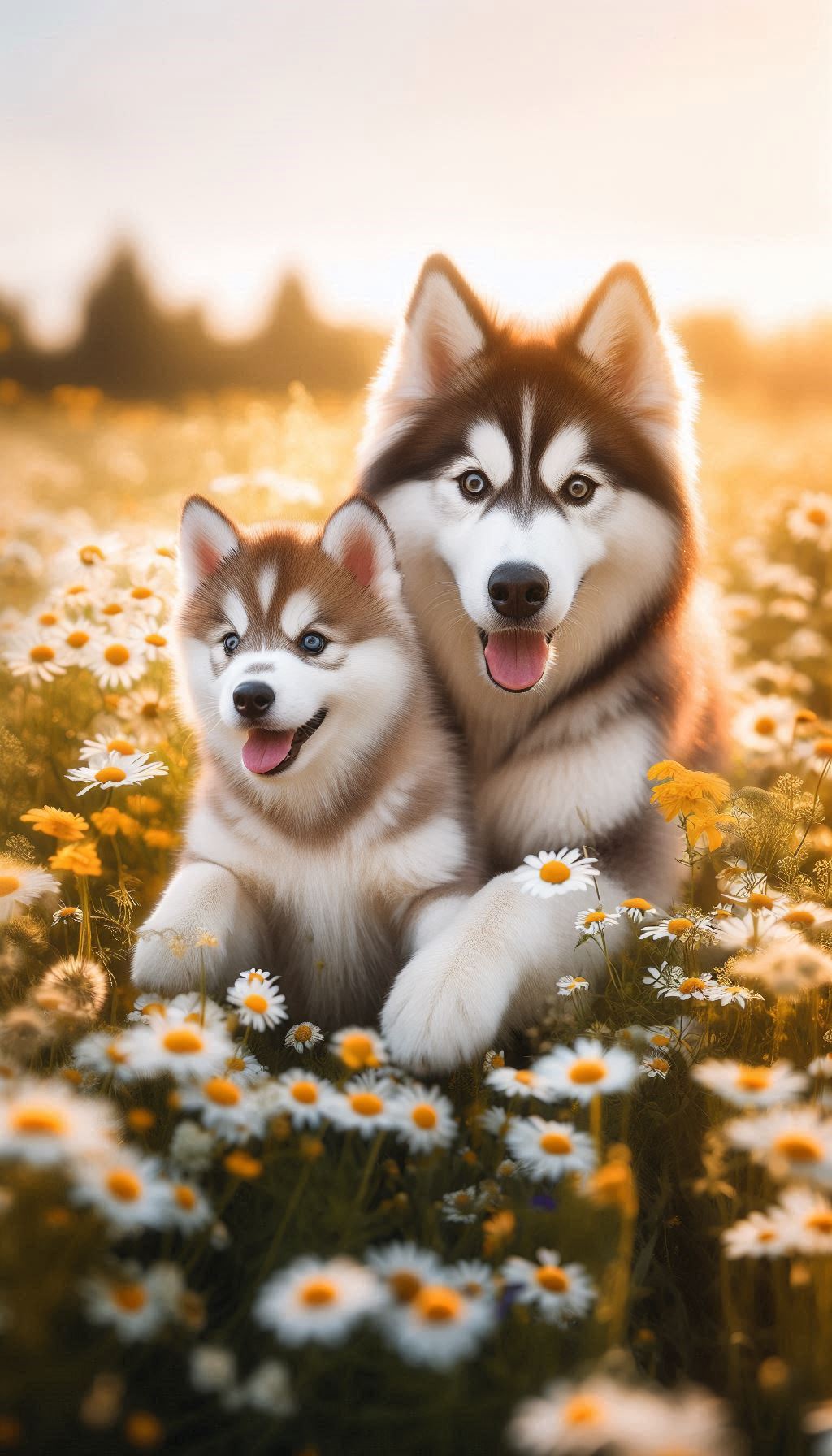 Siberian Husky Pair Playing Together in a Field of Wildflowers