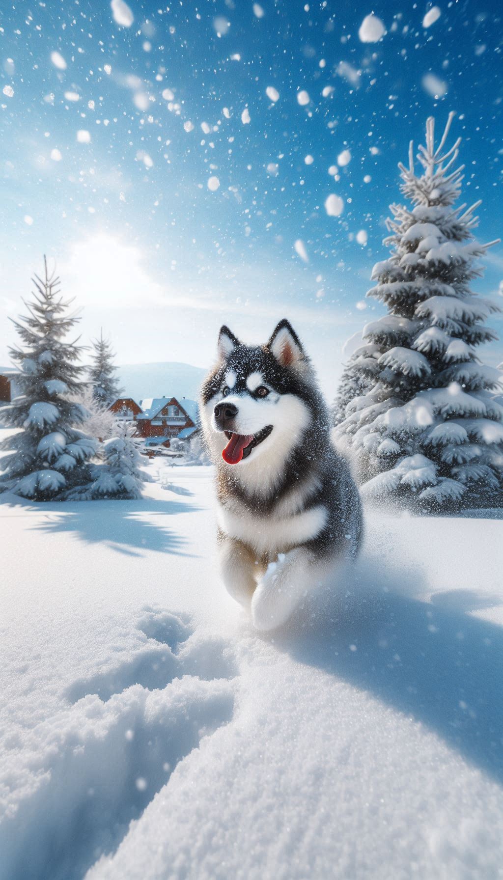 Siberian Husky Playing in Fresh Snowflakes Under a Clear Blue Sky