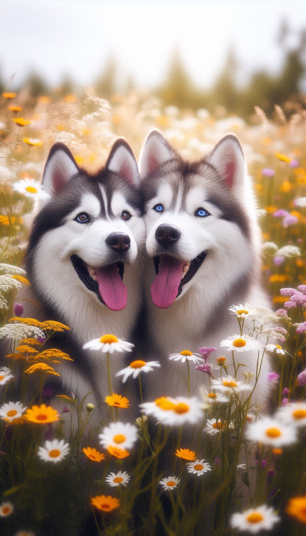 Siberian Husky pair playing together in a field of wild flowers background for iPhone