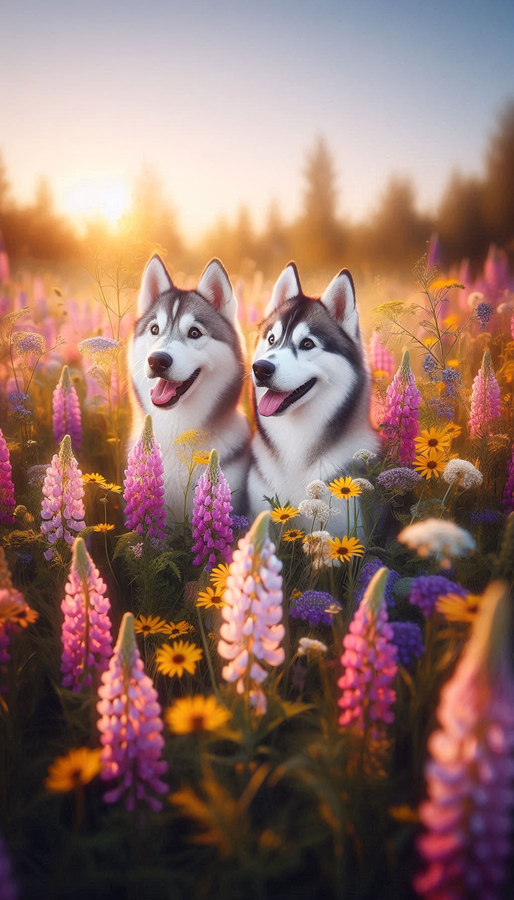 Siberian Husky pair playing together in a field of wild flowers for your iPhone background