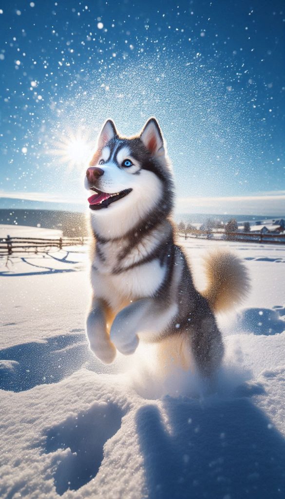 Siberian Husky playing in fresh snowflakes under clear blue sky for your mobile