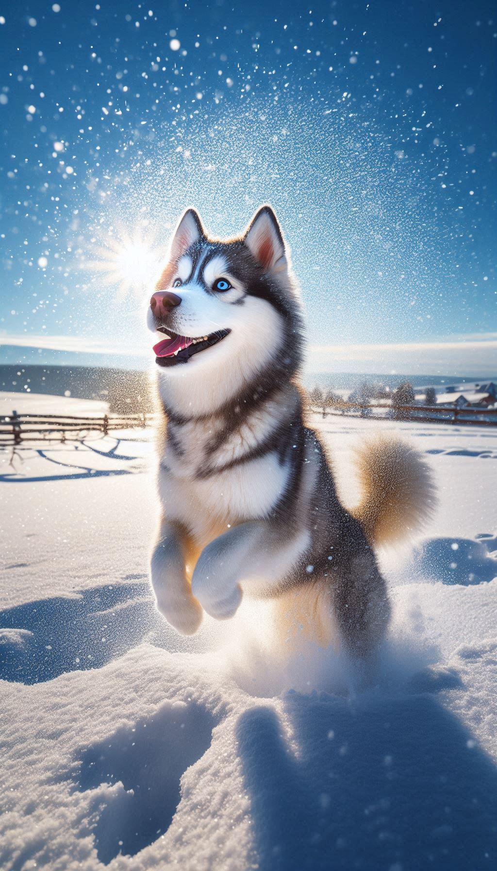 Siberian Husky playing in fresh snowflakes under clear blue sky for your mobile