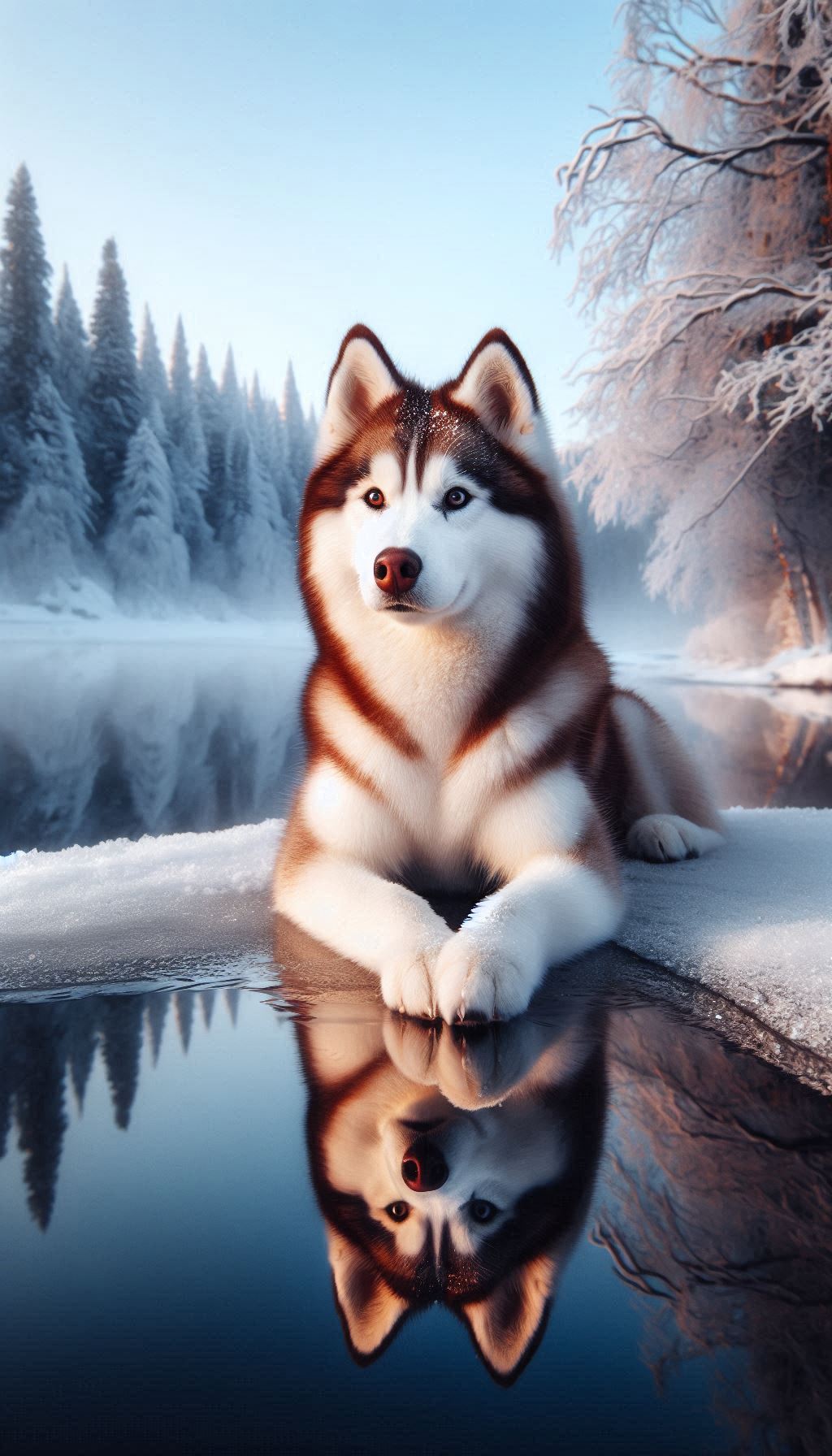 Siberian Husky posing as a reflective ice surface in a winter wonderland Wallpapers for iPhone and Android