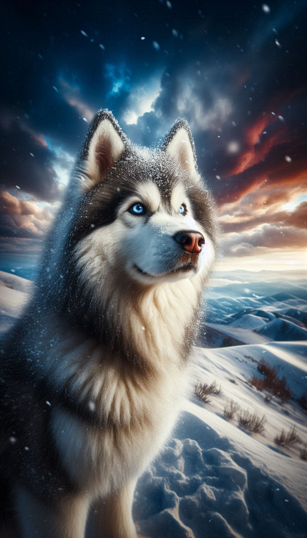 Siberian Husky with Snow-Covered Fur Against a Dramatic Winter Sky