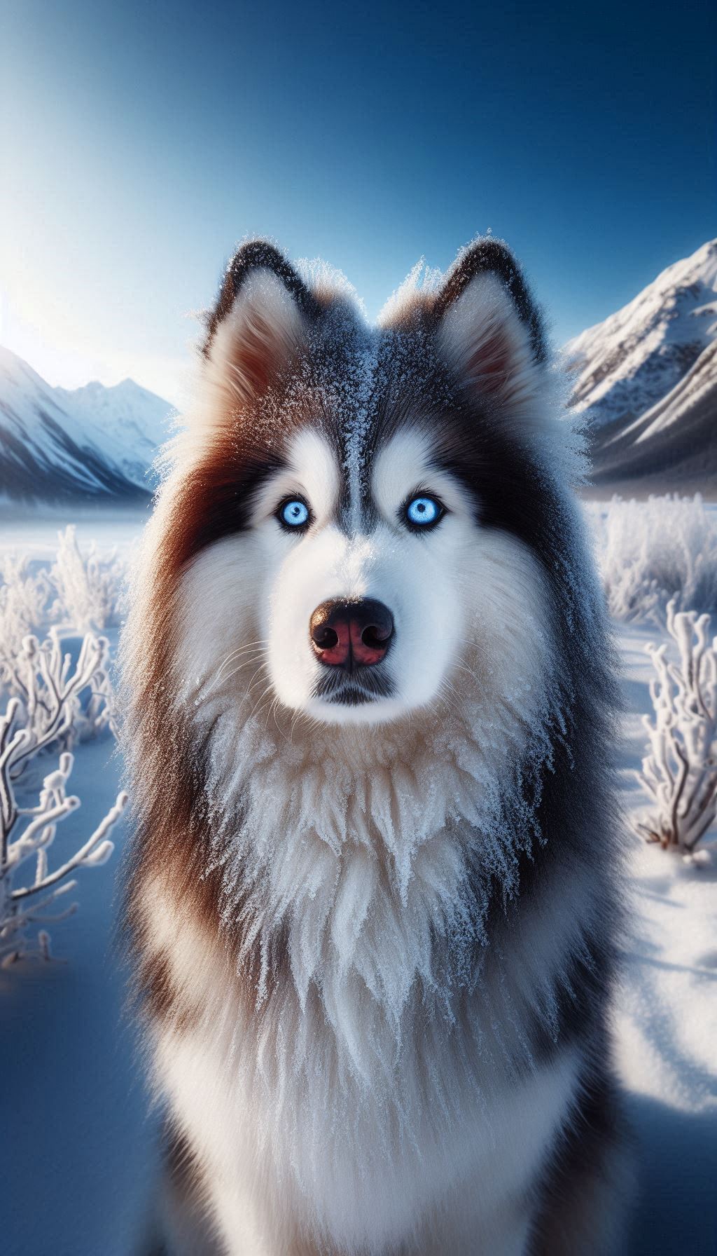 Siberian Husky with crystal blue eyes in winter landscape wallpaper for iPhone