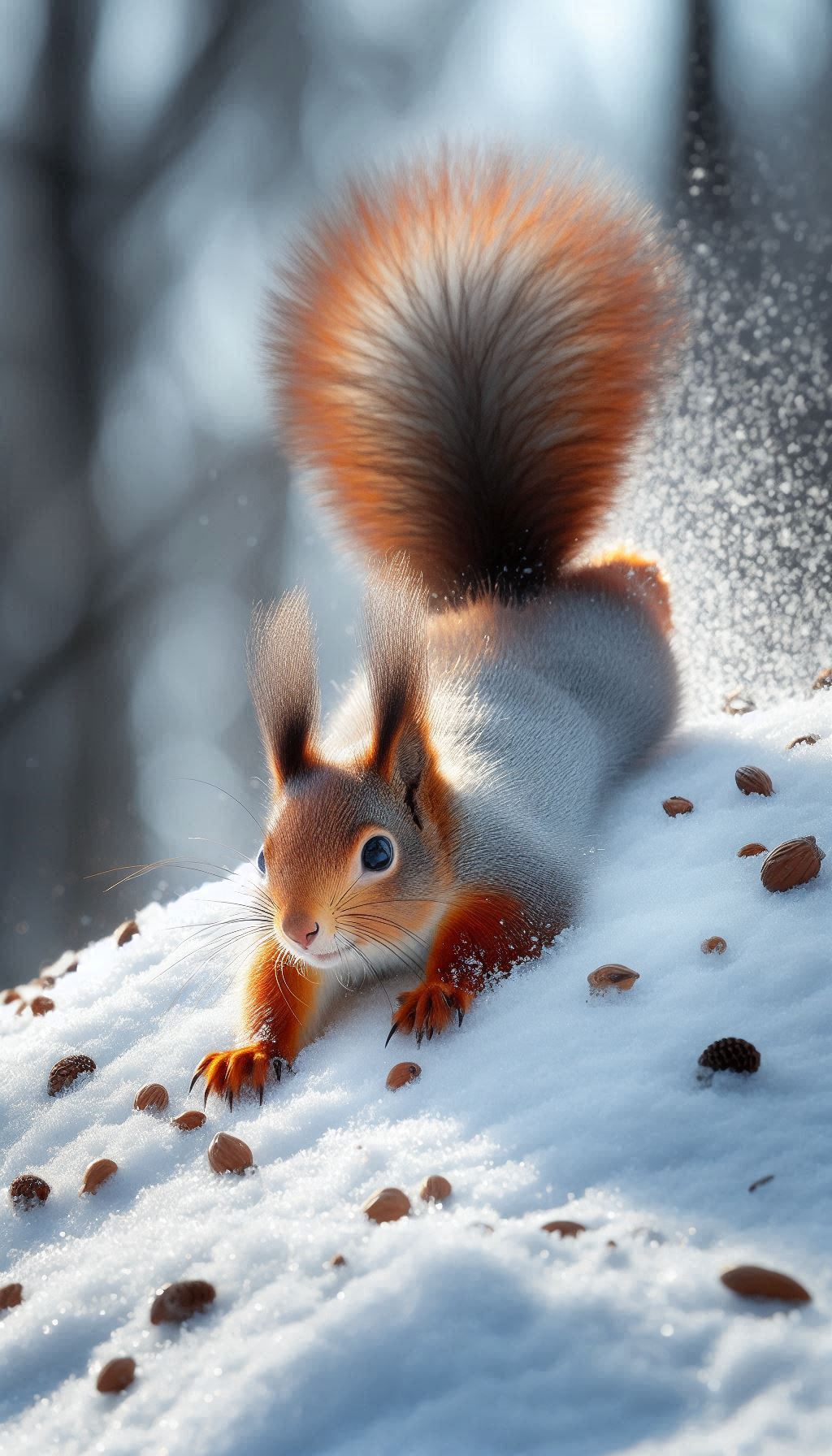 Smartphone wallpaper of a playful squirrel sliding down a snowy hill