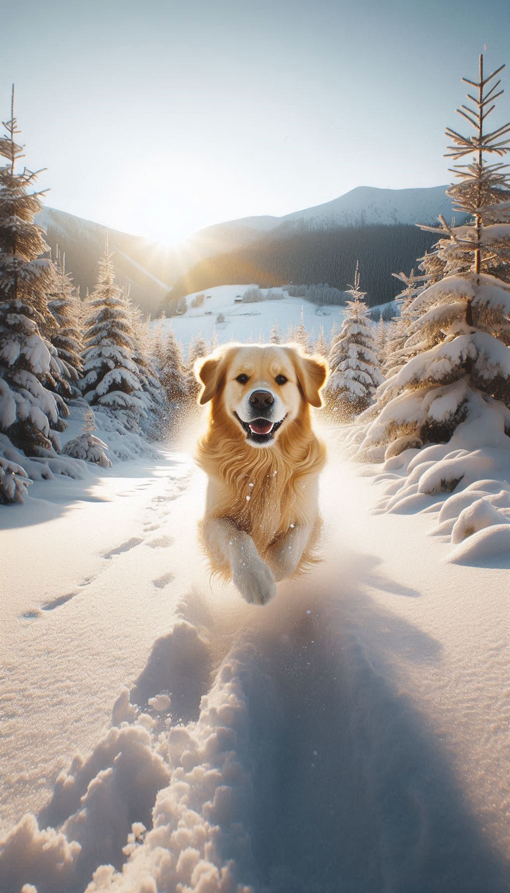 Snowy Adventures Golden Retriever Bounding Through Fresh Snow