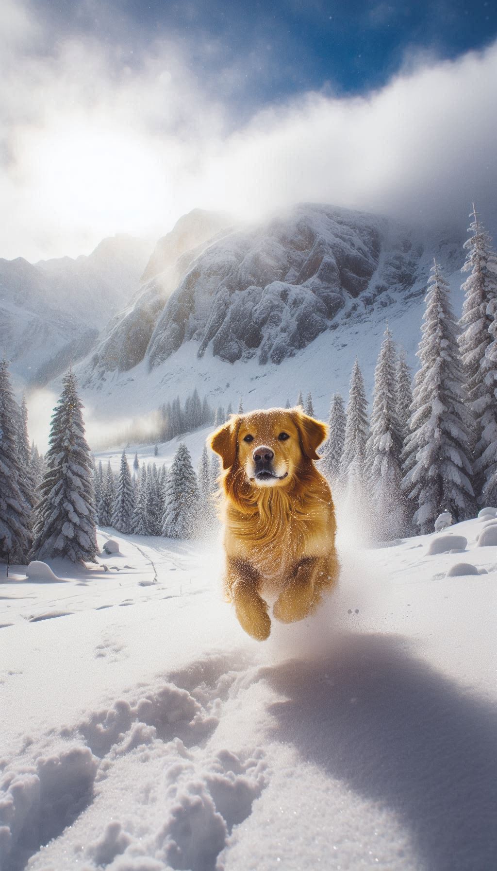 Snowy Adventures Golden Retriever jumping through fresh snow background for android phone