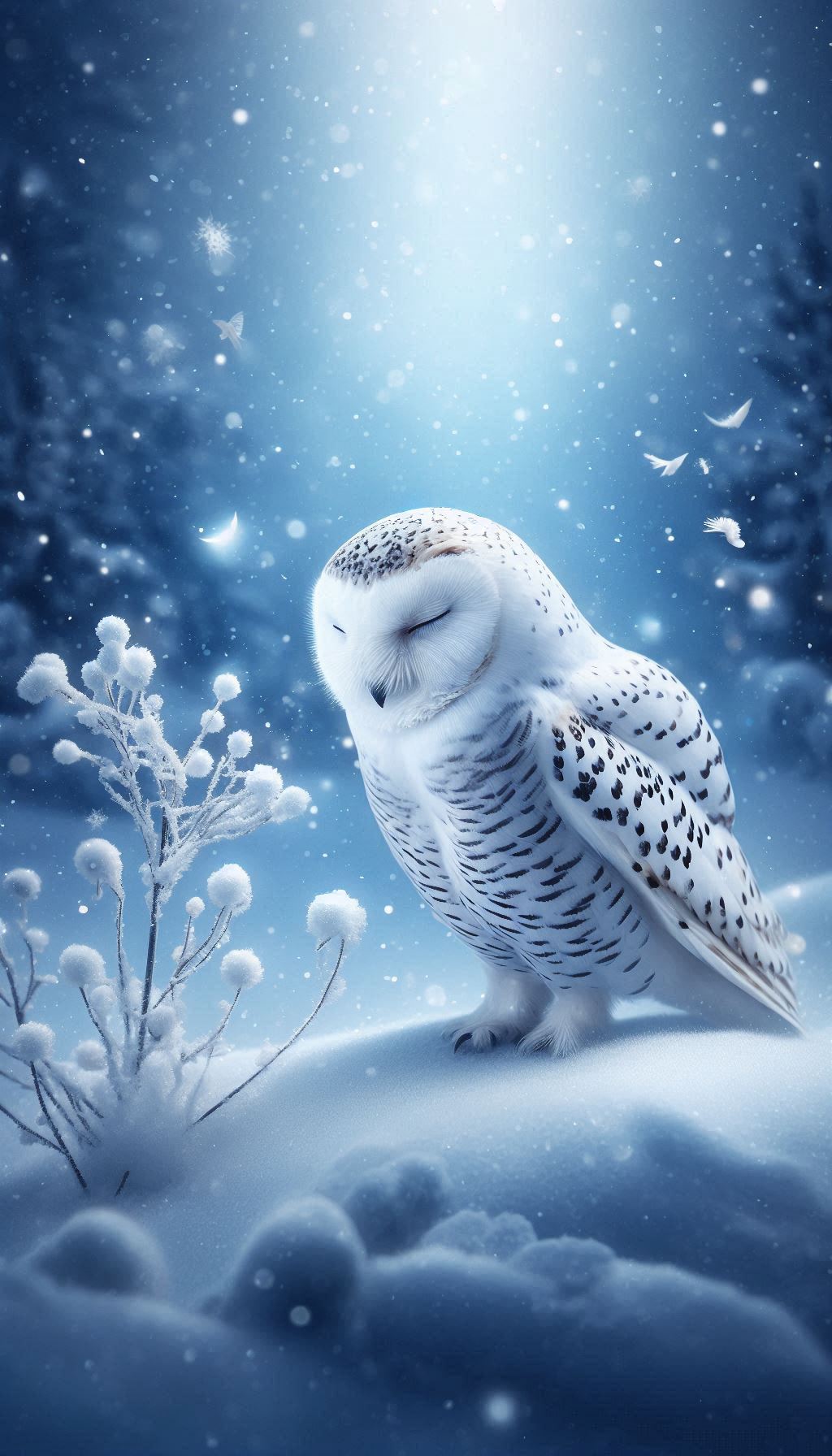 Snowy Owl Facing Light Snowfall – Peaceful Winter Scene Wallpaper for iPhone and Android