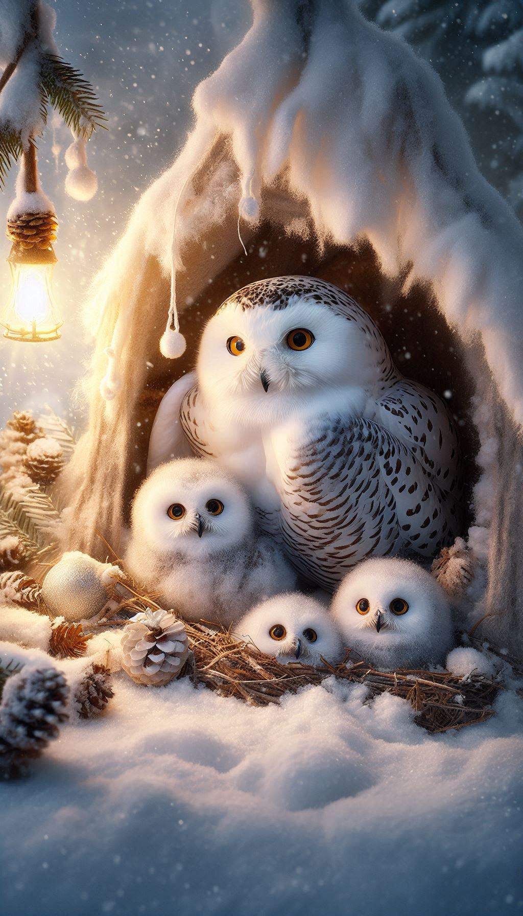 Snowy Owl Family Nesting in a Cozy Den - Heartwarming Animal Wallpaper