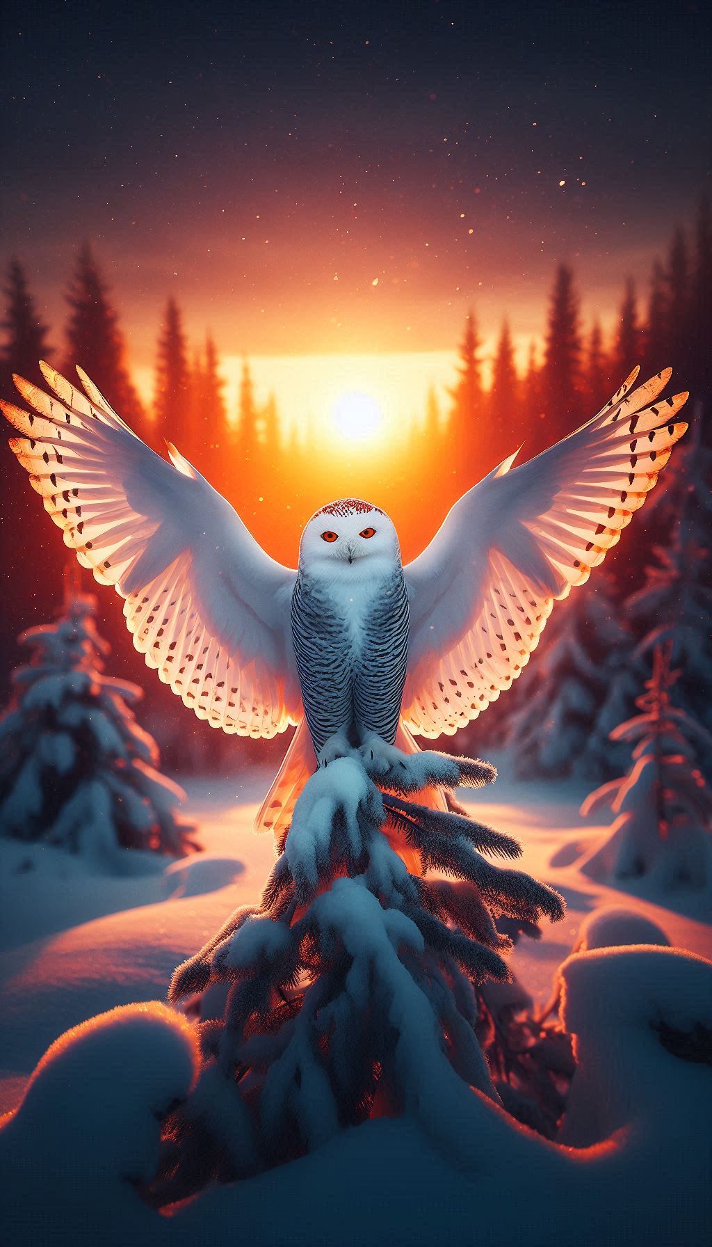 Snowy Owl spreading its wings in the winter sunset - Dramatic wallpaper for iPhone and Android