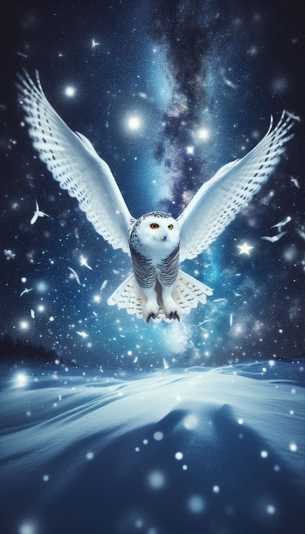Snowy owl flying in front of a starry night sky - for mobile wallpaper