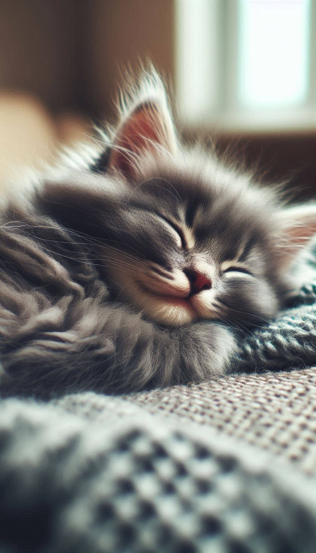Soft-Focused Close-Up of a Fluffy Gray Kitten Napping