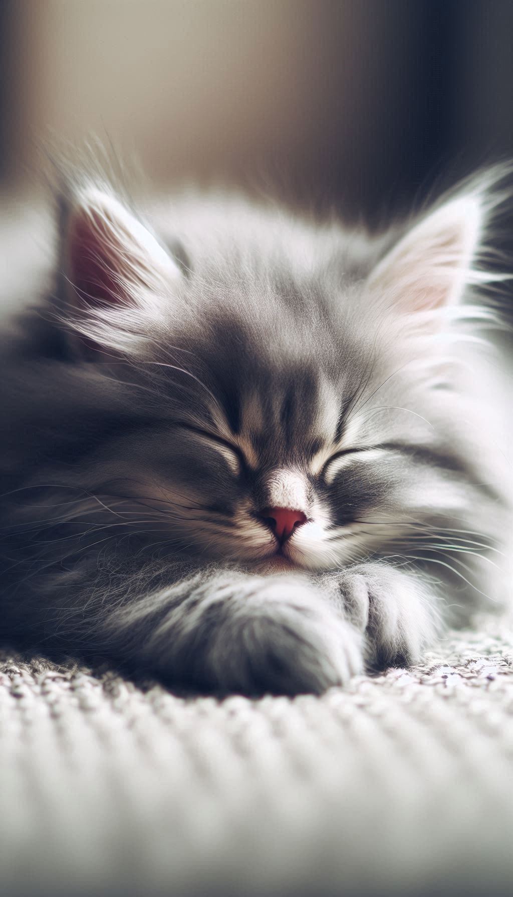 Soft-focused close-up of a fluffy gray kitten relaxing in the background for Android