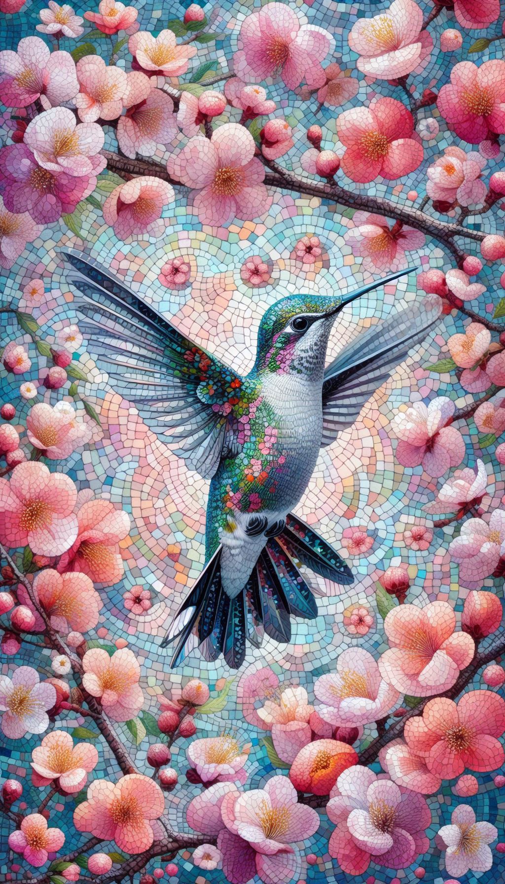Speckled Hummingbird Fluttering Through a Mosaic of Blossoms