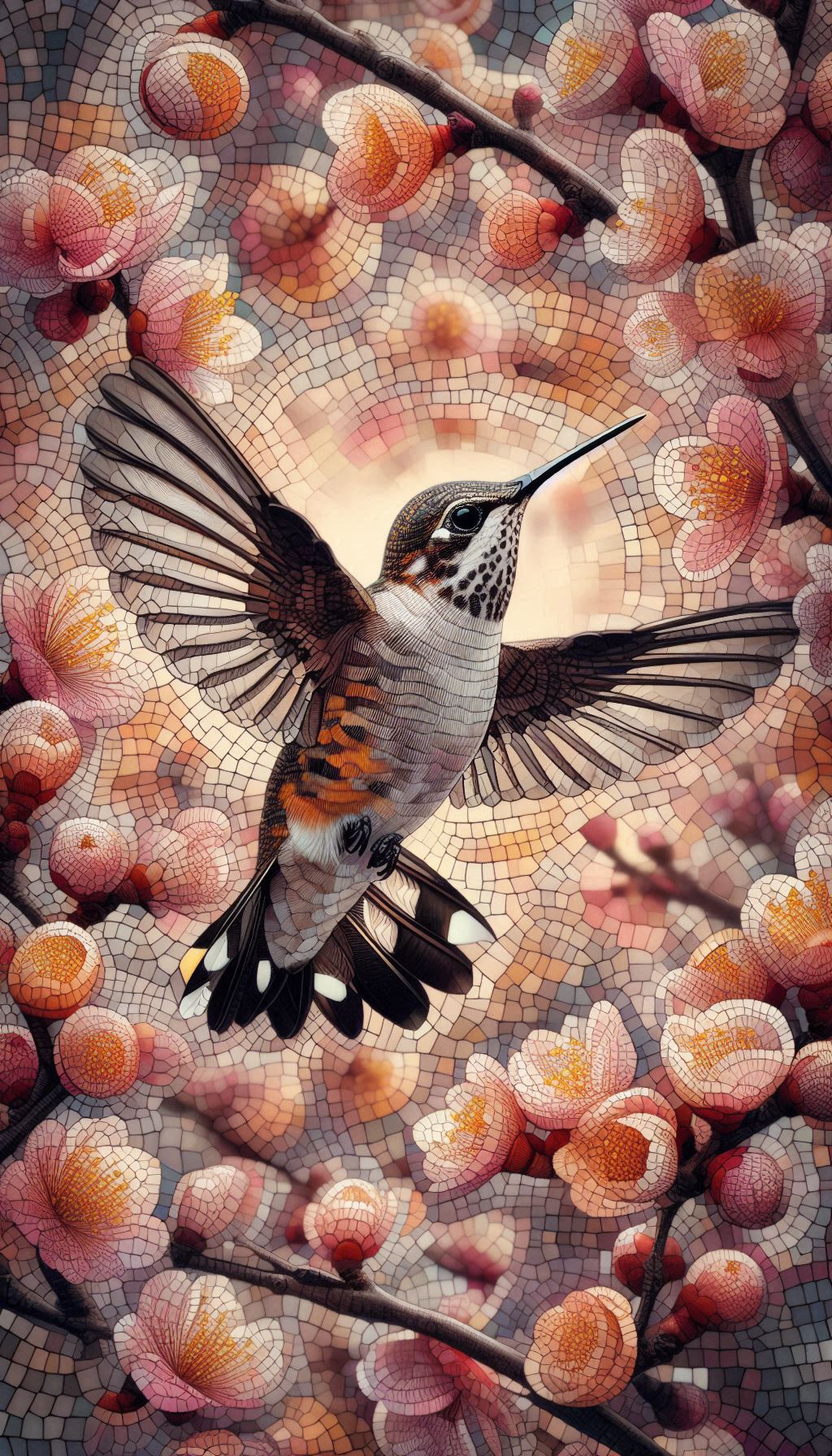 Speckled hummingbird fluttering through a mosaic of flowers for Android phone